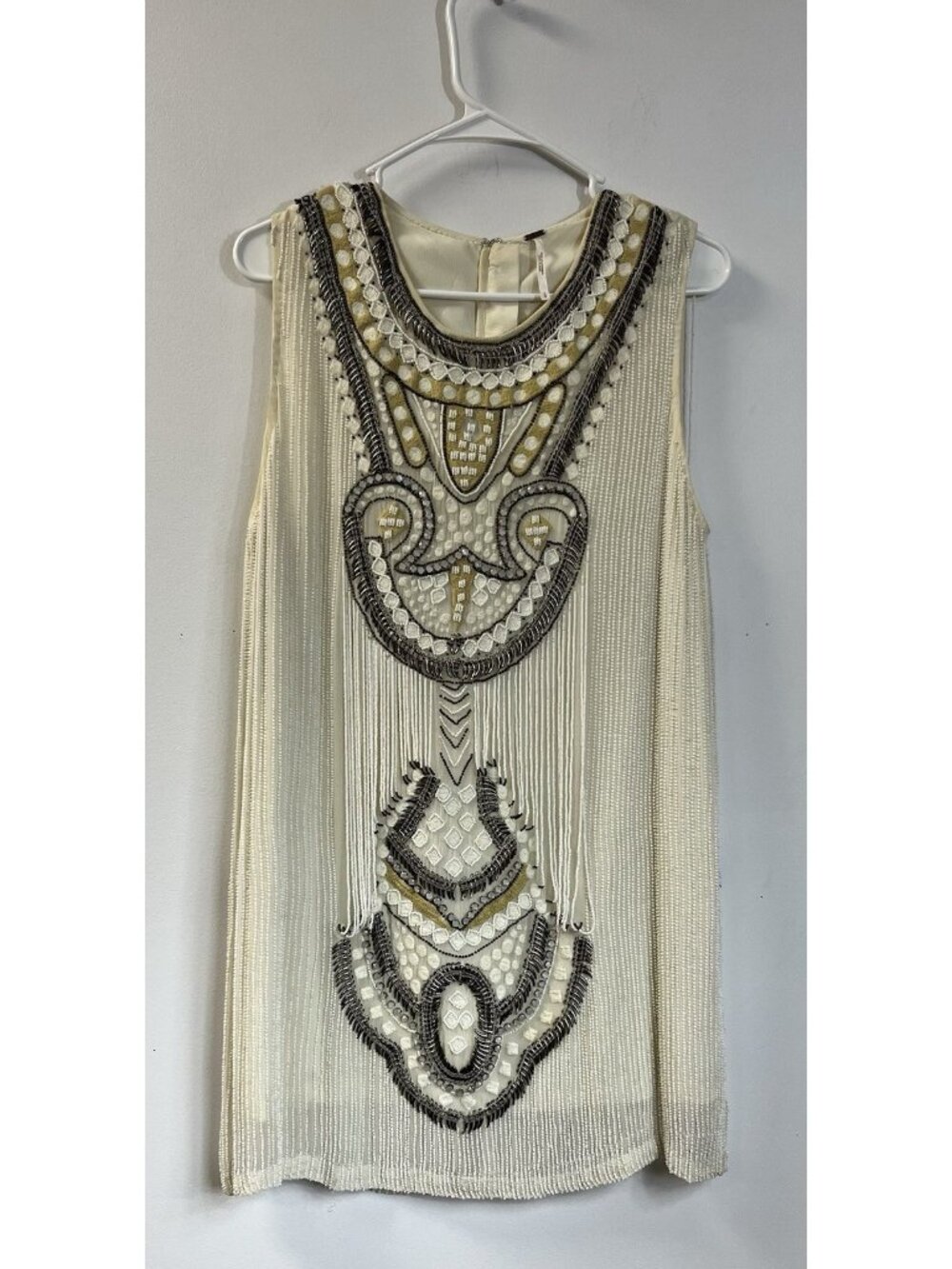 Art Deco/Boho/Festival Free People Beaded Fringe Dress Cream/Ivory L - Picture 2 of 7